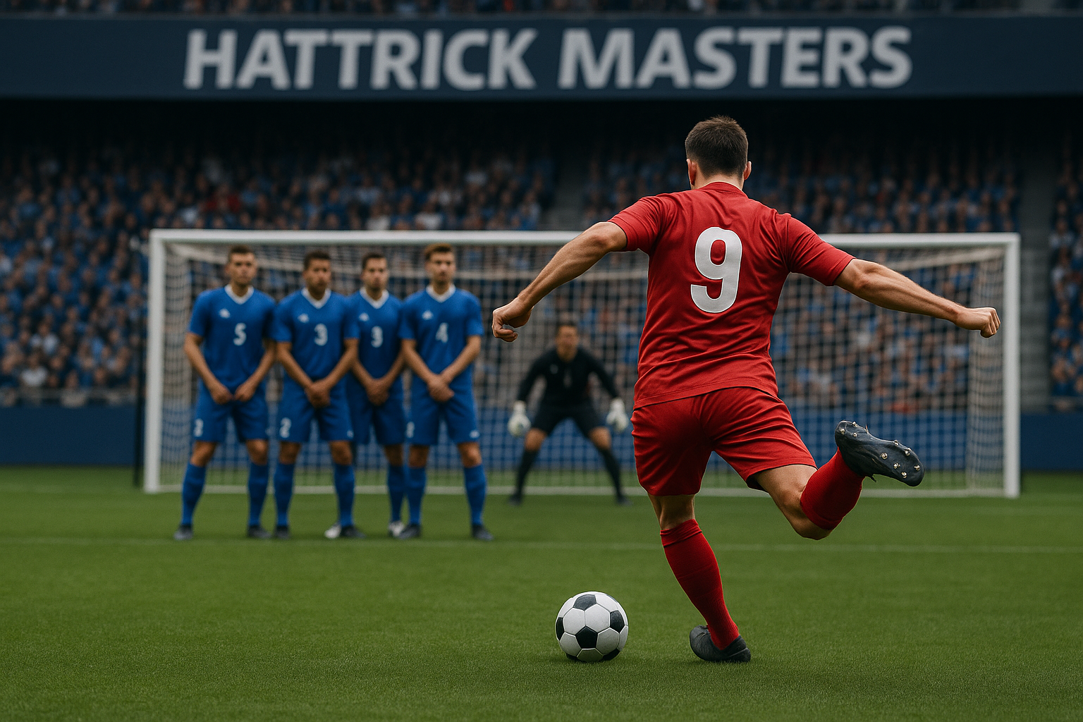 ilustrasi pemain dalam situasi tendangan bebas serta tulisan hattrick masters