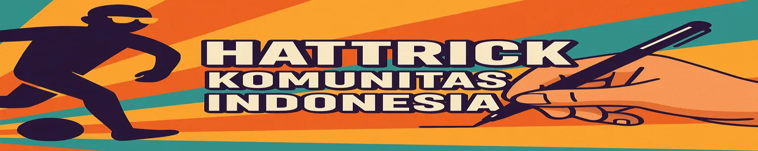 banner hattrick komunitas indonesia dengan latar belakang tangan menulis dan pemain menggiring blola